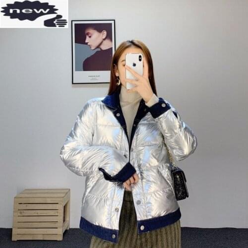 Winter Fashion Thicken Warm Silver Denim Coat Women Reversible Two Wear Casual Slim Short Down Jacket Female Outwear S-XL