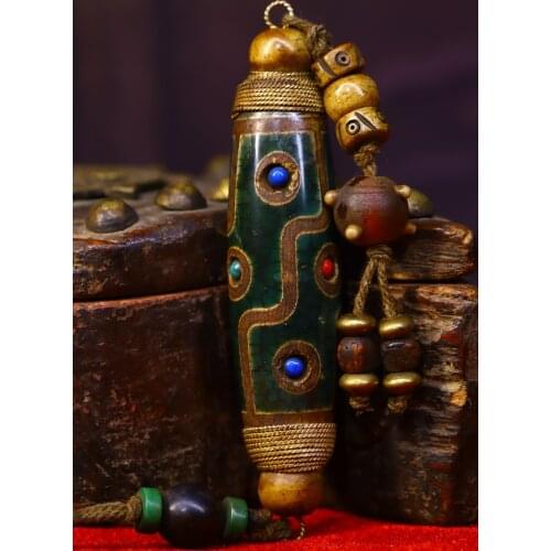 4" Tibet Buddhism Old Natural agate mosaic Gem Filigree Green 3 eyes Dzi Bead Pendant Town House Exorcism Ward off evil spirits