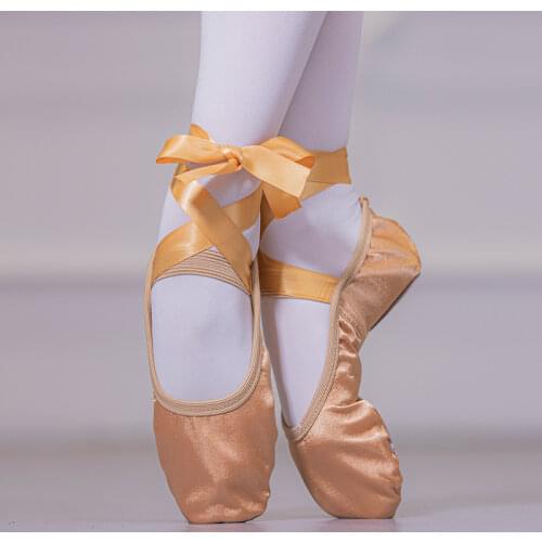 Satin Ballet Shoes with Ribbon Straps Round Toe Indoor Yoga Shoes Adult Girls Soft Split Sole Satin Dance Ballerina Shoes