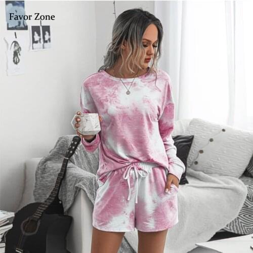 Autumn Tie Dye Print Long Sleeve Basic Home Tshirt Casual Shorts Women Two Piece Suit Loose Tracksuit Outfits Sportswear Summer