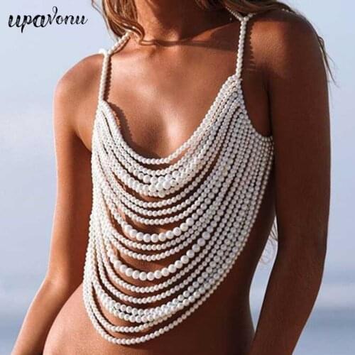 Free Shipping 2021 Fashion Strap Pearl Top Women V-neck Sleeveless Halter Pearl Top Elegant Beaded Tank Top Party Accessories