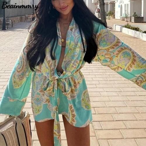 2021 Za Summer Women Long Sleeve Tied Belt Vintage Print Blouses Female Fashion V Neck Casual Beach Holiday Chic Blouse