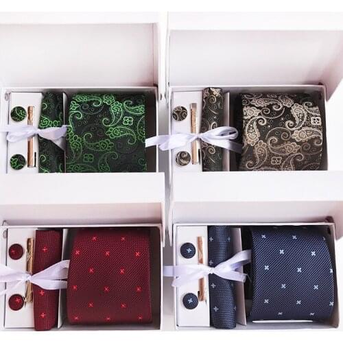 8cm Designer Men Formal Ties Set Classic Paisley Floral Necktie Sets Handkerchief with Cufflink Clip Gift Box