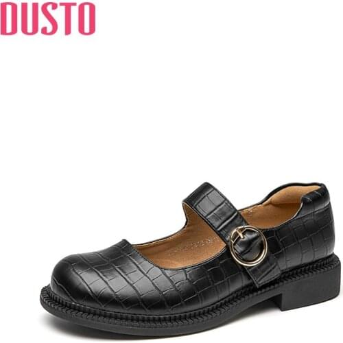 DUSTO 2021 new autumn square heel low heel round head metal belt buckle Velcro small leather shoes womens shoes