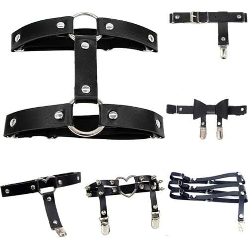 Round Heart Buckle Women Suspenders Belts PU Leather Black Sexy Rivets Leg Ring Thigh Harness Punk Lady Garter Belt