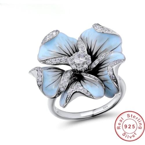 Cute Silver Blue Epoxy Flower Rings with AAAAA Zircon Stone for Women Wedding Engagement Ring Fashion Jewelry 2019