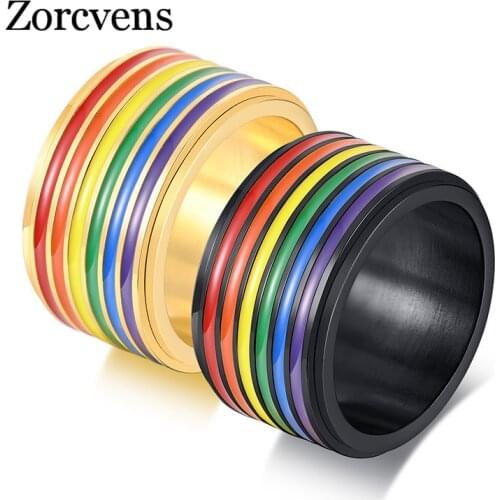 ZORCVENS Punk Spinner Ring for Men Black Gold Color Stainless Steel Rainbow Wedding Bands Pride LGBTQ Wedding Jewelry Gift