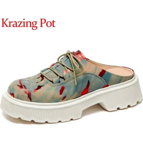 Krazing Pot genuine leather round toe high heels printing thick bottom young baotou slippers lady lace up mules women pumps L12