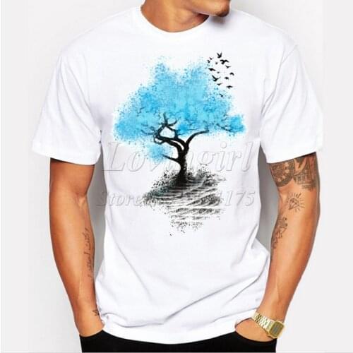 Newest 2019 mens fashion short sleeve t-shirt blue tree and birds printed tee shirts Hipster O-neck cool tops
