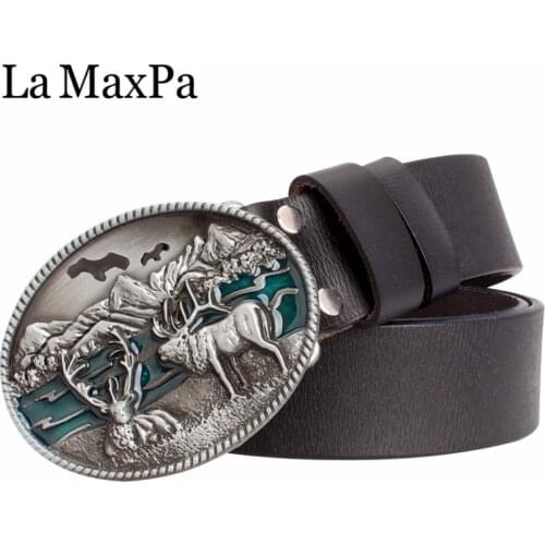 Fashion cool belt moose buckle elk America moose pattern animal buckle belt reindeer genuine leather belt for men birthday gift
