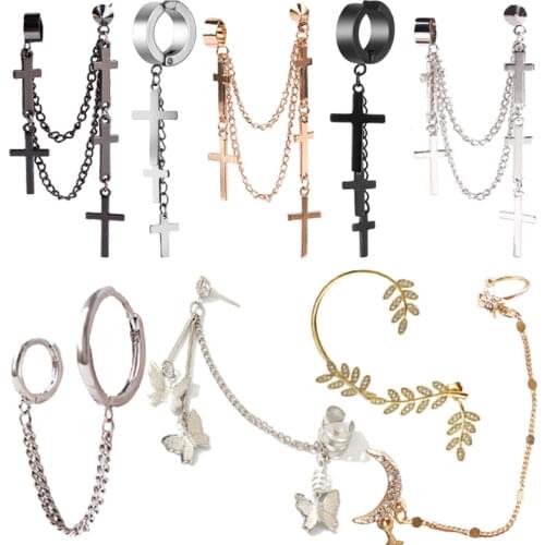 Clip Earrings Butterfly Cross Piercing Earring Ear hook Stainless Steel Ear Clips Double pierced Earrings Women Girls Jewelry