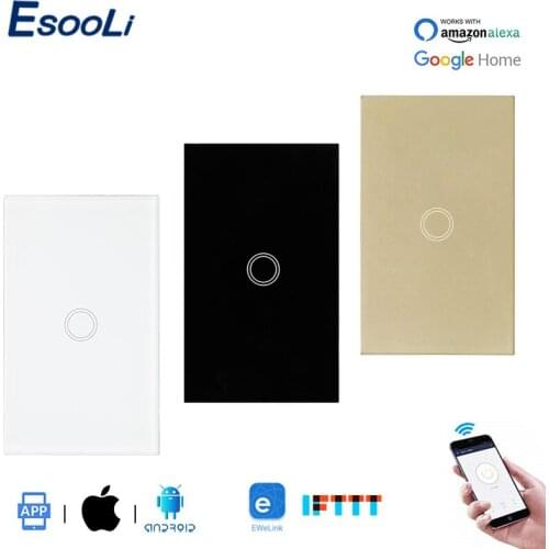 EsooLi Glass Panel 1 Gang 1 Way Touch WIFI Switch Smart Home Automation Wireless Wall Switch Ewelink APP Null and Fire Line