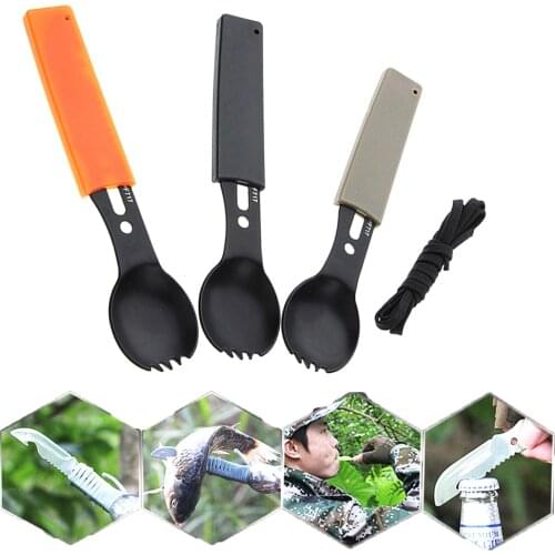 5 in 1 Outdoor Tableware (Fork/Spoon/Knife/Bottle Opener/rope) Camping Stainless Steel Pocket Kits for Hiking Survival Travel