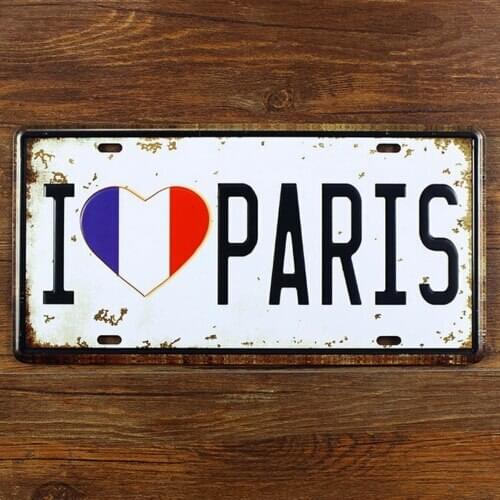 Vintage Car License Plate Tin Sign Decor Metal Bar Beer Poster I Love Paris 15x30CM