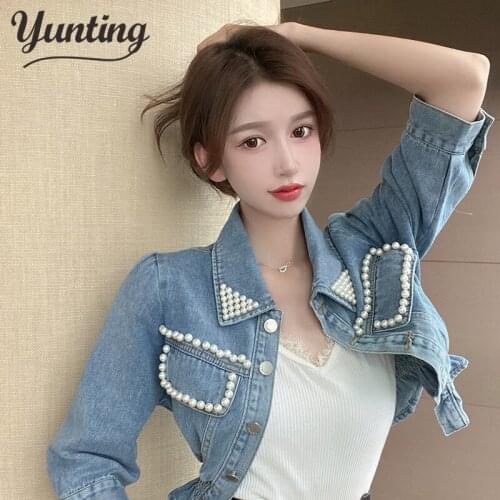 2021 New Spring Pearl Beading Crop Jackets Women Casual Jeans Bomber Jacket Denim Coat Korean