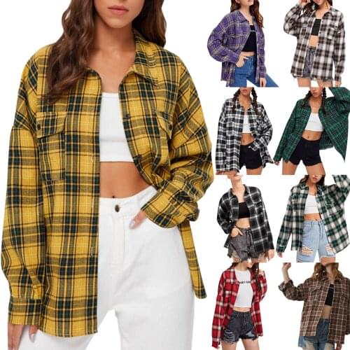 2021 Fashion Womens shirt Casual Long Sleeve Collar Long Button Down Plaid Shirt Blouse Top Streetwear рубашка женская oversize