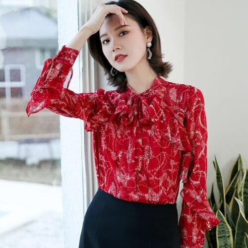 Women Spring Summer Style Chiffon Blouses Shirts Lady Casual Long Sleeve Flower Printed Bow Tie Collar Blusas Tops ZZ0321