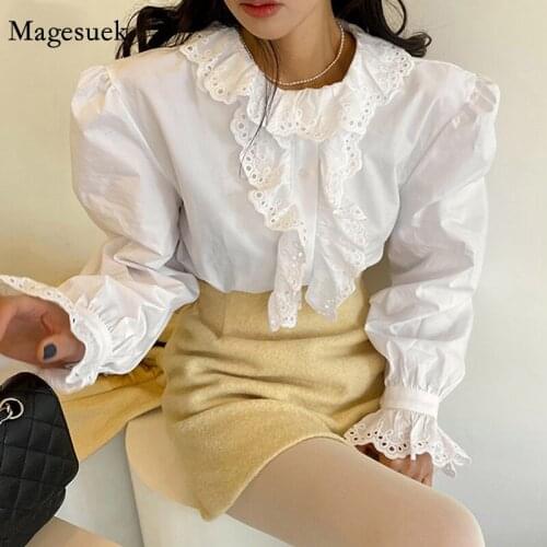 Spring Vintage Loose Blouse for Women Ruffled Hollow Lace Splicing Oversized Ladies White Shirts Petal Sleeve Casual Tops 13268