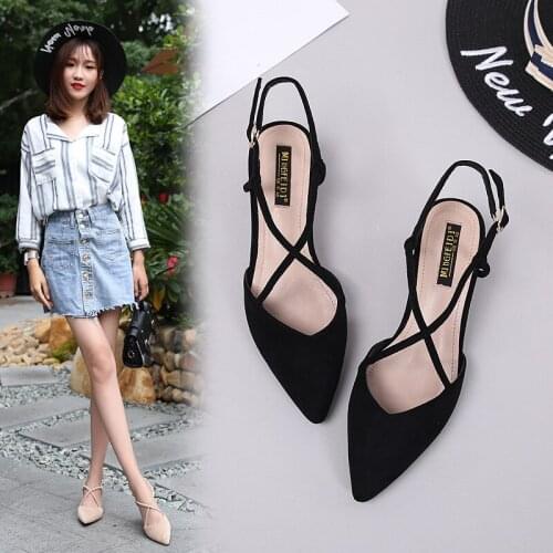 Elegant pointed toe microfiber flock cross tied women sandals summer new office lady solid buckle chunky sandals zapatos mujer41
