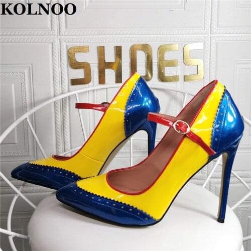 KOLNOO Handmade Ladies High Heeled Pumps Mary Janes Patchwork Leather Pointy Mature Party Prom Evening Club Fashion Court Shoes