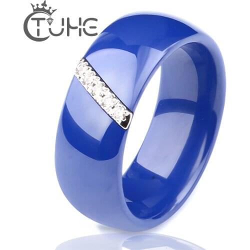 2018 New Healthy Women Ceramic Rings AAA Shiny Cubic Zircon 8MM Pave Setting Female Party Pink Blue Ring Jewelry Wedding Jewelry