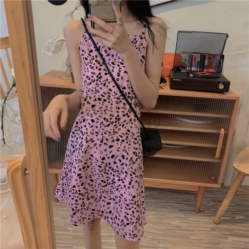 2021 lovely pink leopard grain halter skirt back show thin hanging feeling dress female