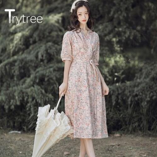 Trytree 2020 Summer Women Casual Dress V-neck Bandage Print A-line Fashion Elegant Temperament Mid-Calf Office Lady Dress