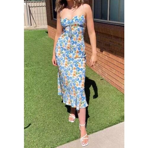 Ladies Silk 100% Floral Printing Spaghetti Strap Midi Dress With Neckties