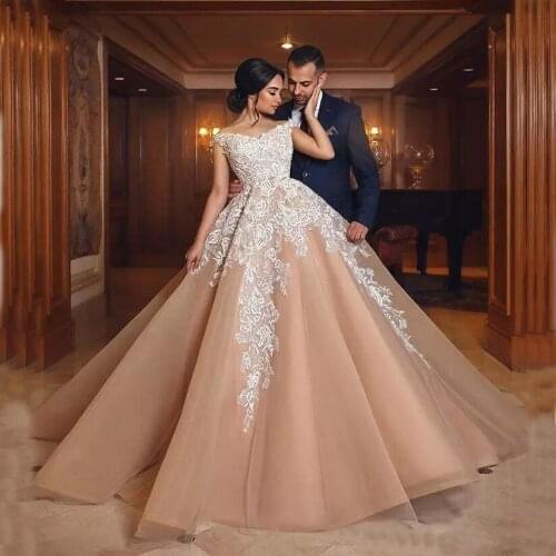 2020 Ball Gown Wedding Dresses Off The Shoulder Appliques Lace Tulle Saudi Arabic Wedding Gowns Plus Size Bridal Dresses Lace Up