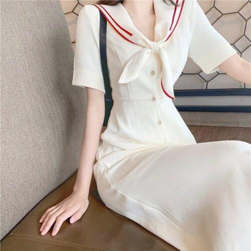 2021 Summer Korean Vintage Long Dress Elegant Sweet Cute V Neck Short Sleeve Dress College Dresses for Women Casual