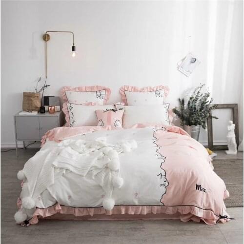4/7pcs Egypt Cotton white Luxury cartoon Bedding set Queen/King Size Embroidery cat Bed set Duvet cover Bed linen Pillowcase