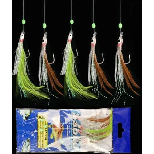 5pcs/lot ISE Sea Fishing Sabiki Rigs Carp Fishing Hook Colorful Tail String Hook Red Emulational Fish Skin Pesca Fishhooks Peche