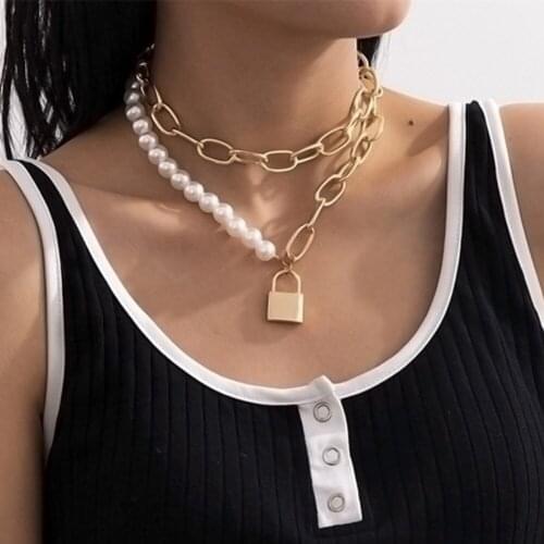 DIEZI Multilayer Women Imitation Pearls Chain Necklace Lock Pendant Necklace Vintage Gold Silver Color Statement Gift Jewelry