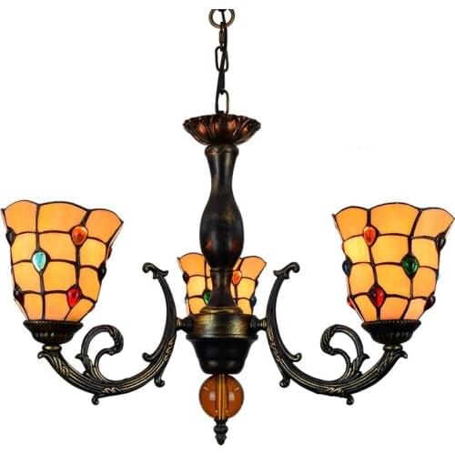 European Retro Creative Tiffany Yellow Glass Hotel Restaurant Bedroom Bar 3 heads Chandelier Lamps