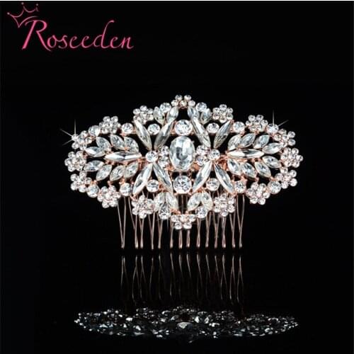 Classic Rose Gold Bride Hair Comb Full Rhinestone petals Hair Pin Sticks Wedding Hair Accessories Jewelry Headpiece RE788