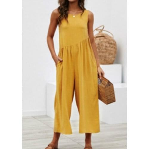 2020 New Bohemian Beach Loose Jumpsuits Womens Overalls Solid Color Pocket Wide Leg Pant ankle Length Jumpsuit Black Yellow