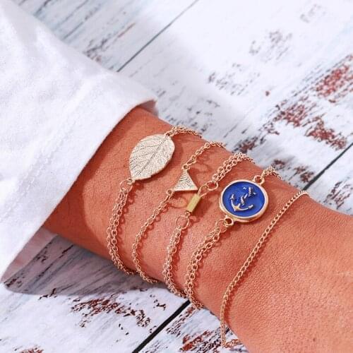 ANOMOKAY HOT Selling Gold Color Geometric Chain & Link Women Wrap Bracelet Set Fashion Leaf Rolo Link Bracelet for Birthday Gift