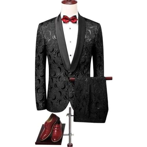 2 pcs for men Floral Print Slim Fit suit Mens Shawl Collar Suit Black Wedding Casual suit men tuxedo suit M-5XL Party Prom Wear