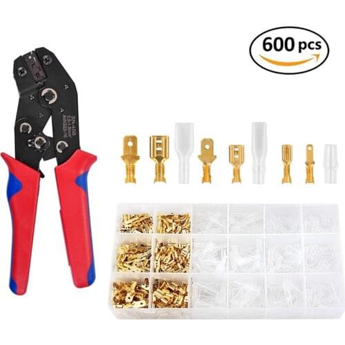 Crimping Tool 600pcs 2.8/4.8/6.3mm Terminals Set Crimper Plier Female Electrical Wire Spade Connectors Insulated Sleeves Kit
