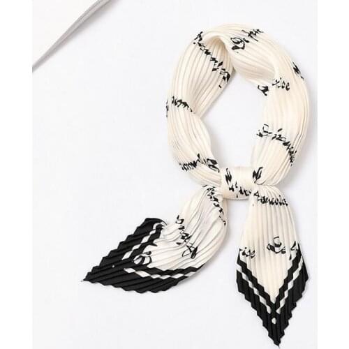 Yishine Black White Letter Prints Women Silk Pleated Scarf Crinkle Foulard Small Neck Bandana Crumple Square Headwear New Decor