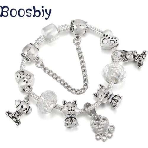 Silver Plated European Style Cute Dog Paw Beads Charm Bracelet With Dog Pendants For Women DIY Fashion Animal Style Jewelry Gift