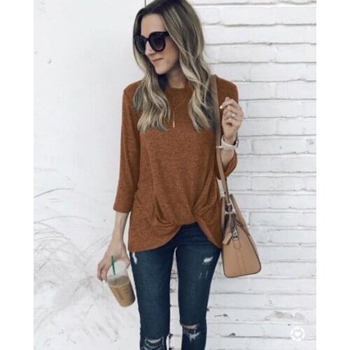 Three Quarter Sleeve Shirts Casual O-neck New Autumn Women Fashion T Shirt Ladies Slim Tunic Tops Irregular Top