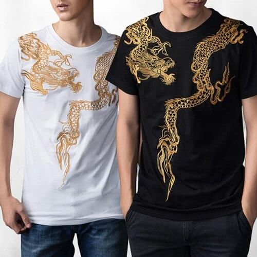 Chic Mens Summer Short Sleeve Cotton T-shirt Chinese Embroidery Dragon Tops