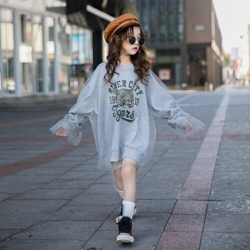 8 10 years Girls Long Tops Fashion Kids Fall Clothes Tiger Letter Print Mesh Patchwork Sweatshirt Teen Girls Hoodies