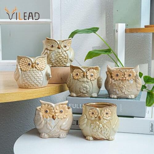VILEAD 9cm Ceramic Owl Flower Vase Figurines For Interior Retro Animal Planter Pot Home Desktop Decoration Accessorie Room Decor