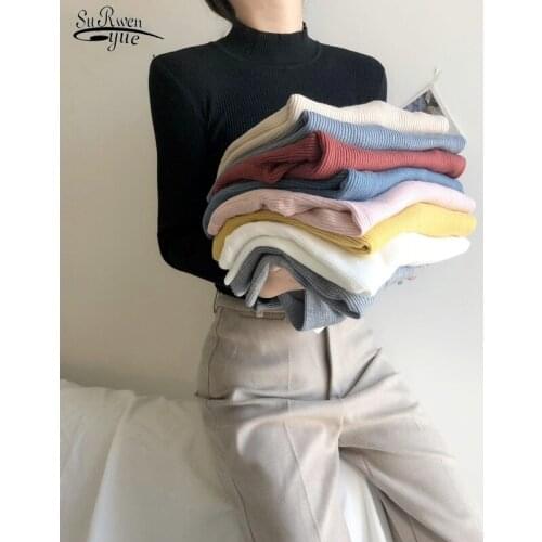 2021 Korean Elegant Slim Bottoming Shirt Top Rainbow Solid Half High Neck Pullover Sweater Long-sleeved Wool Sweater Women 16677