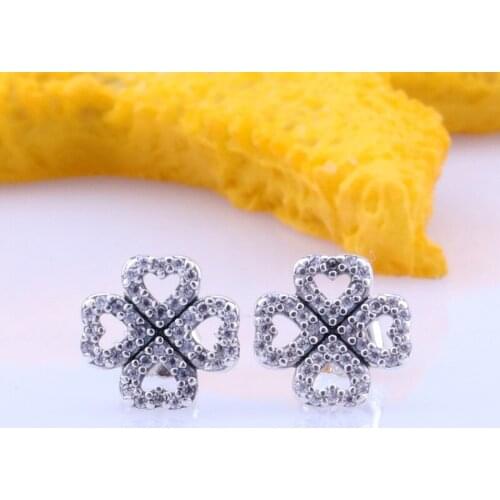 925 Sterling Silver Pan Earring Clover Petals Of Love With Crystal Studs Earrings For Women Wedding Gift Fashion Jewelry