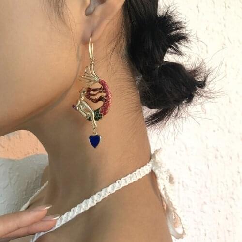 INS Fashion Design Mermaid Blue Love Pendant Earrings for Women Simple Luxury Ladies Banquet Party Jewelry Gifts 2021 New Trend