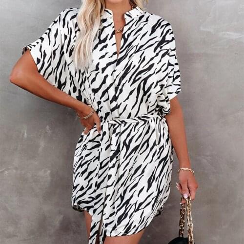 Women Shirt Dresses V-Neck Short Sleeve Loose Knee-high Dress 2021 Summer Office Lady Zebra Pattern Irregular Dresses