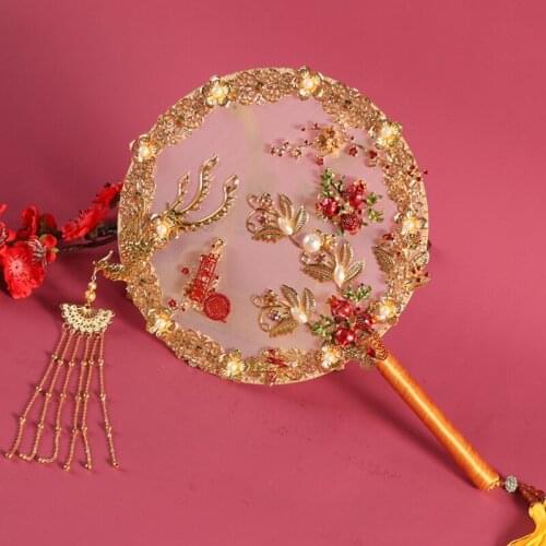 Archaistic Circular Fan Wedding Bridal Xiuhe Dress Chinese Wedding Bridal Bouquet Wedding Fan Gold Double-Sided Finished Fan